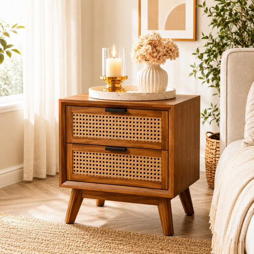 Modern Rattan Bedside Table with 2 Drawers