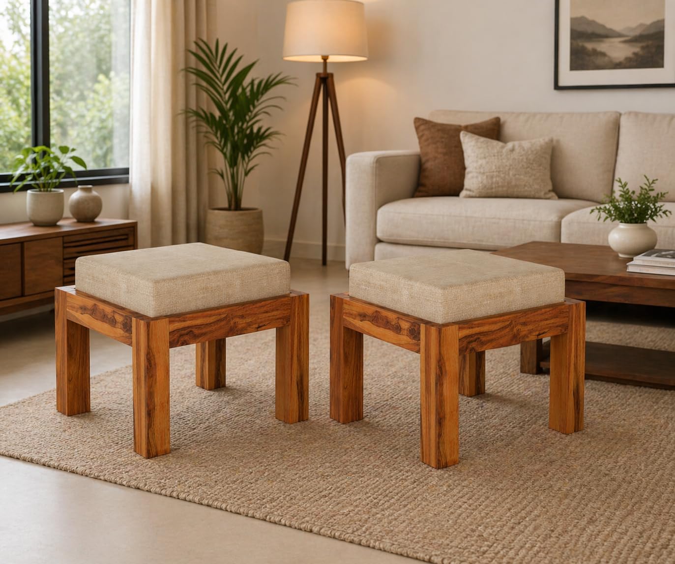 Solid Sheesham Ottoman Stool Set of 2 with Cushioned Upholstered Seat for Living Room