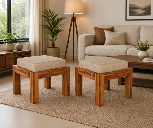 Solid Sheesham Ottoman Stool Set of 2 with Cushioned Upholstered Seat for Living Room