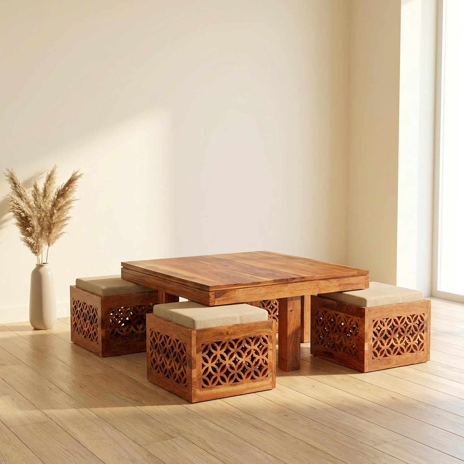Coffee Table with 4 Stools | Carved Natural Teak Finish