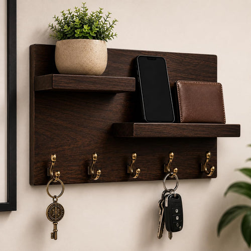 Wall Mounted Wooden Key Holder with Shelves and Hooks for Entryway, Living Room, and Office