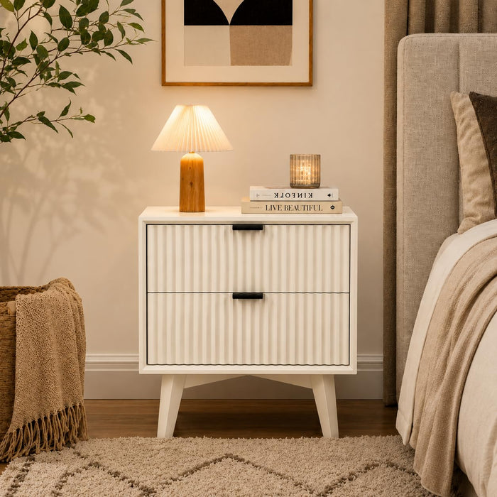 Modern Fluted Bedside Table with 2 Drawers | White Finish