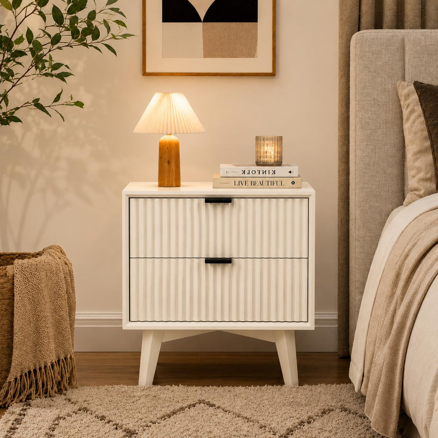 Modern Fluted Bedside Table with 2 Drawers | White Finish