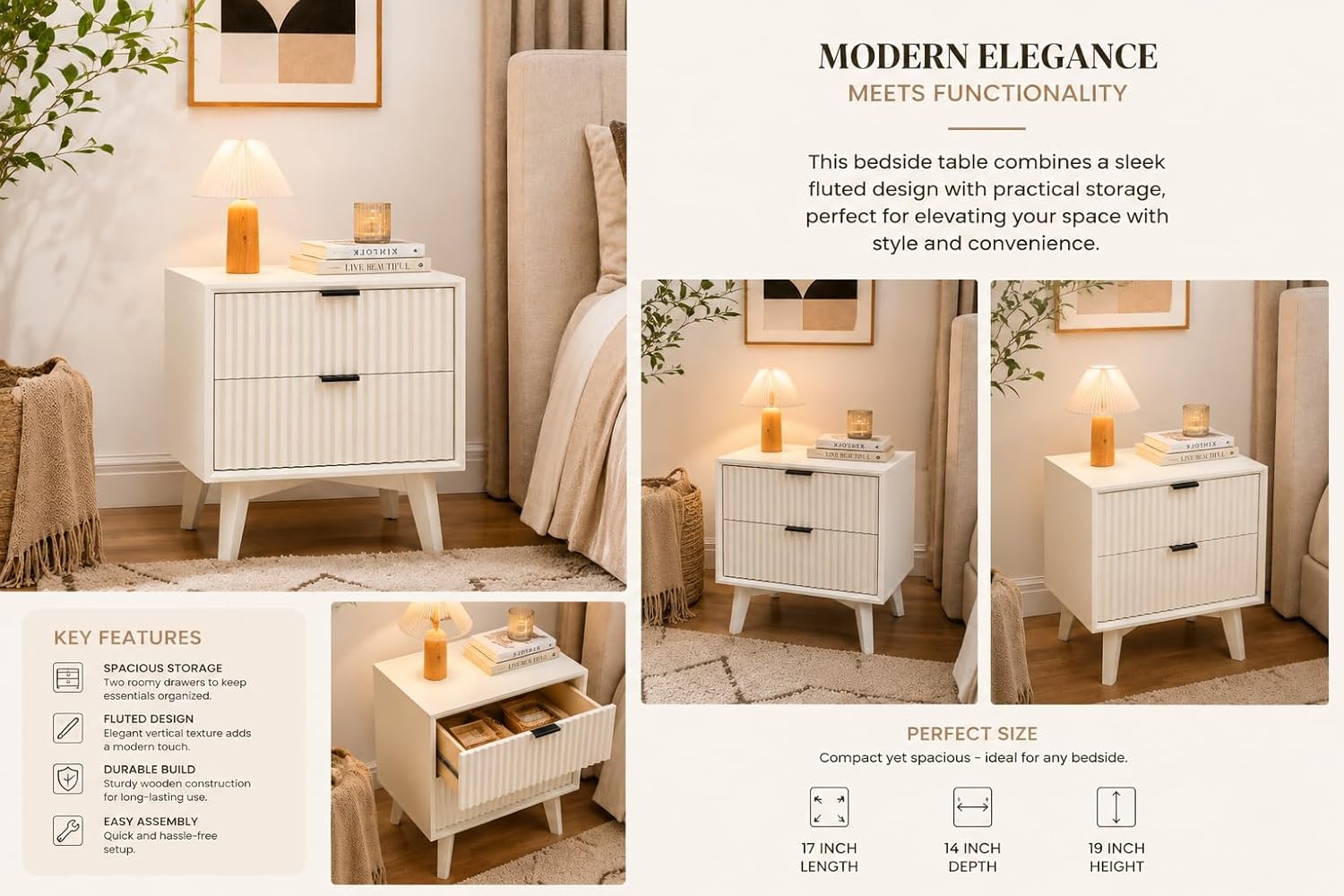 Modern Fluted Bedside Table with 2 Drawers | White
