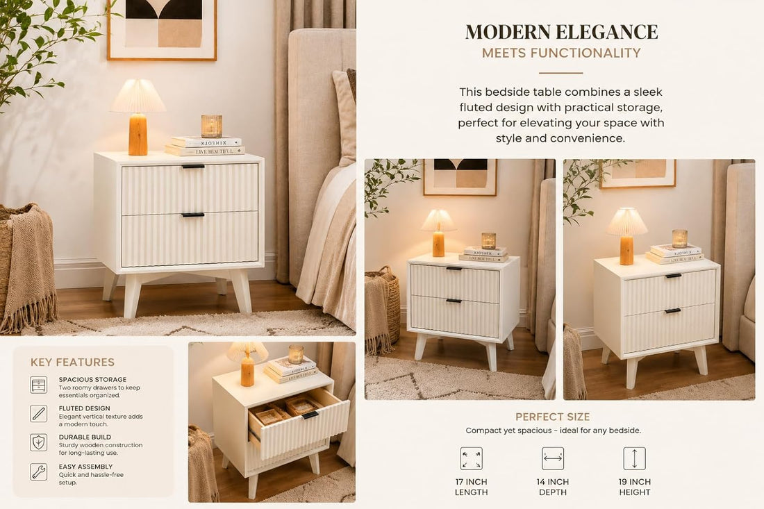Modern Fluted Bedside Table with 2 Drawers | White