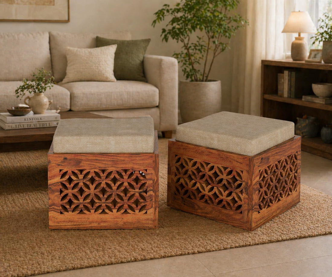 Sheesham Wood Carved Storage Ottoman Stool Set of 2 with Cushioned Seat for Living Room and Bedroom