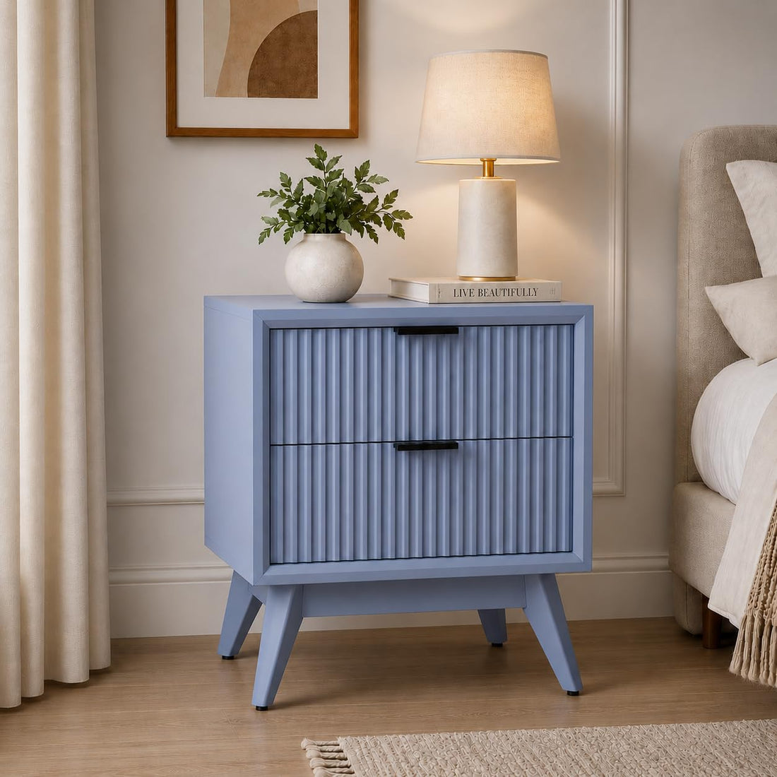 Modern Blue Fluted Bedside Table with 2 Drawers