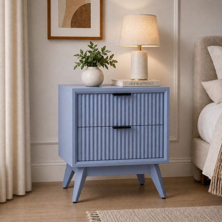Modern Blue Fluted Bedside Table with 2 Drawers