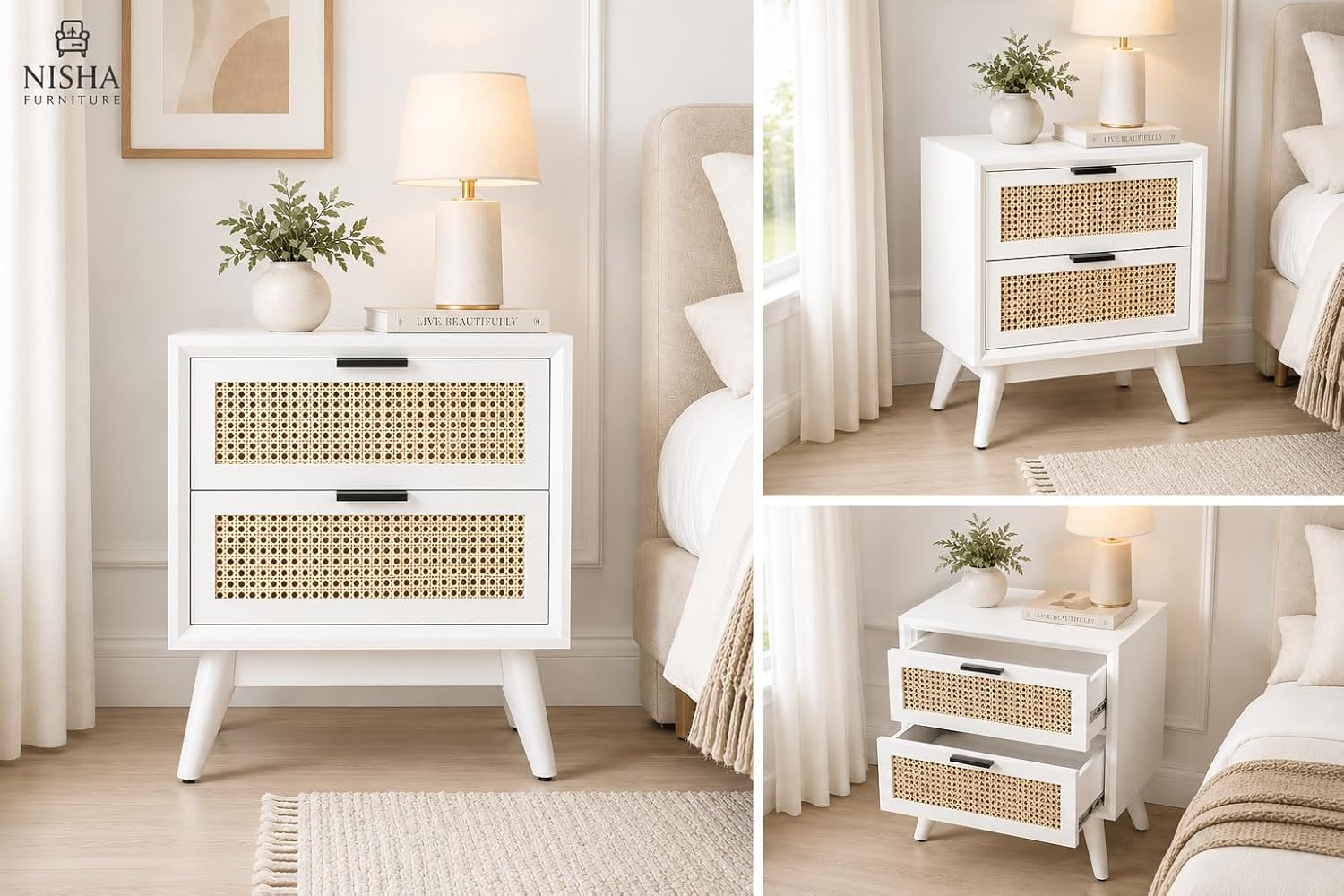 Nisha Furniture 2 Drawer White Cane Bedside Table