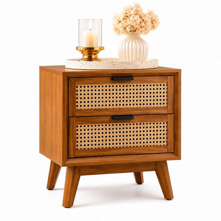 Modern Rattan Bedside Table with 2 Drawers
