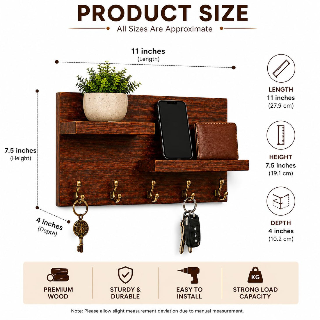 Modern Wooden Wall Mounted Key Holder Rack with Mobile & Wallet Shelf