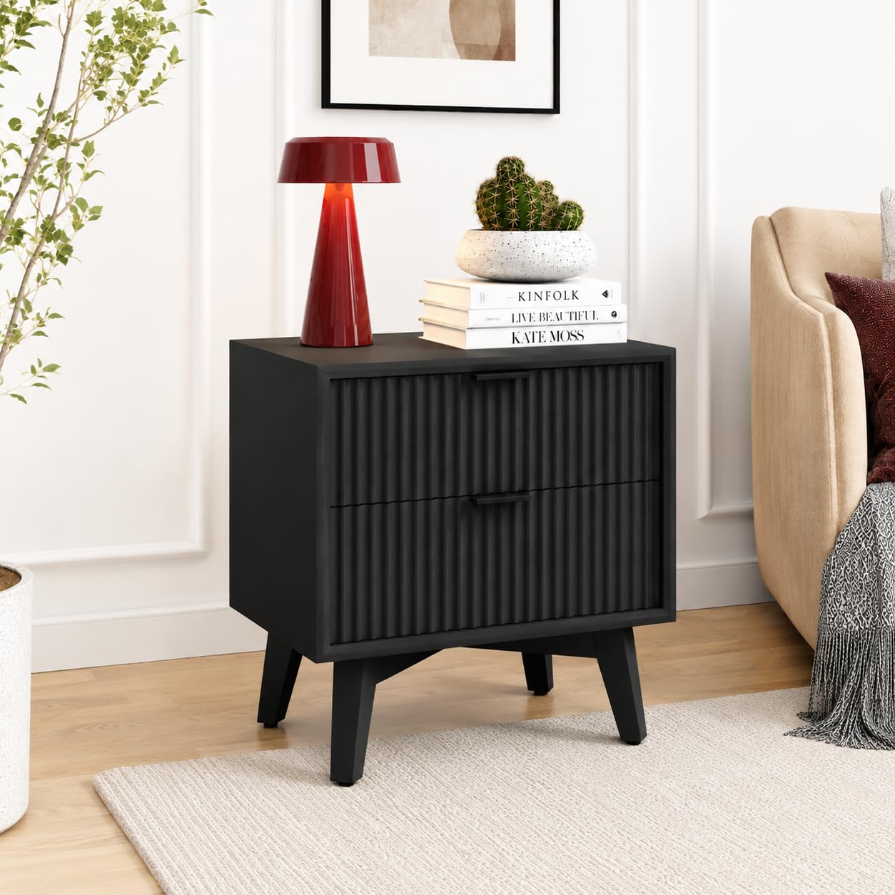 Modern Black Fluted Bedside Table with 2 Drawers