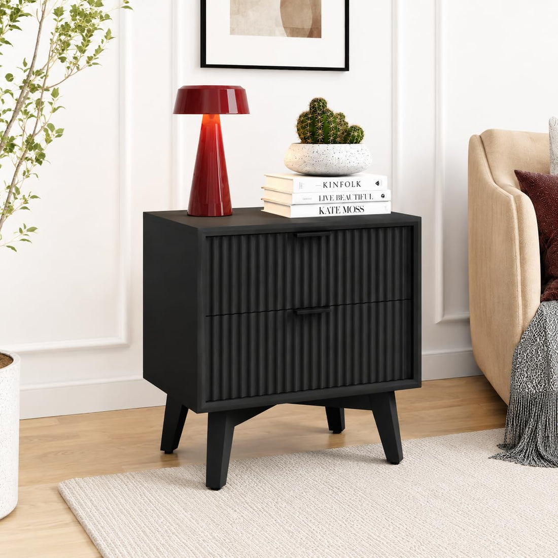 Modern Black Fluted Bedside Table with 2 Drawers