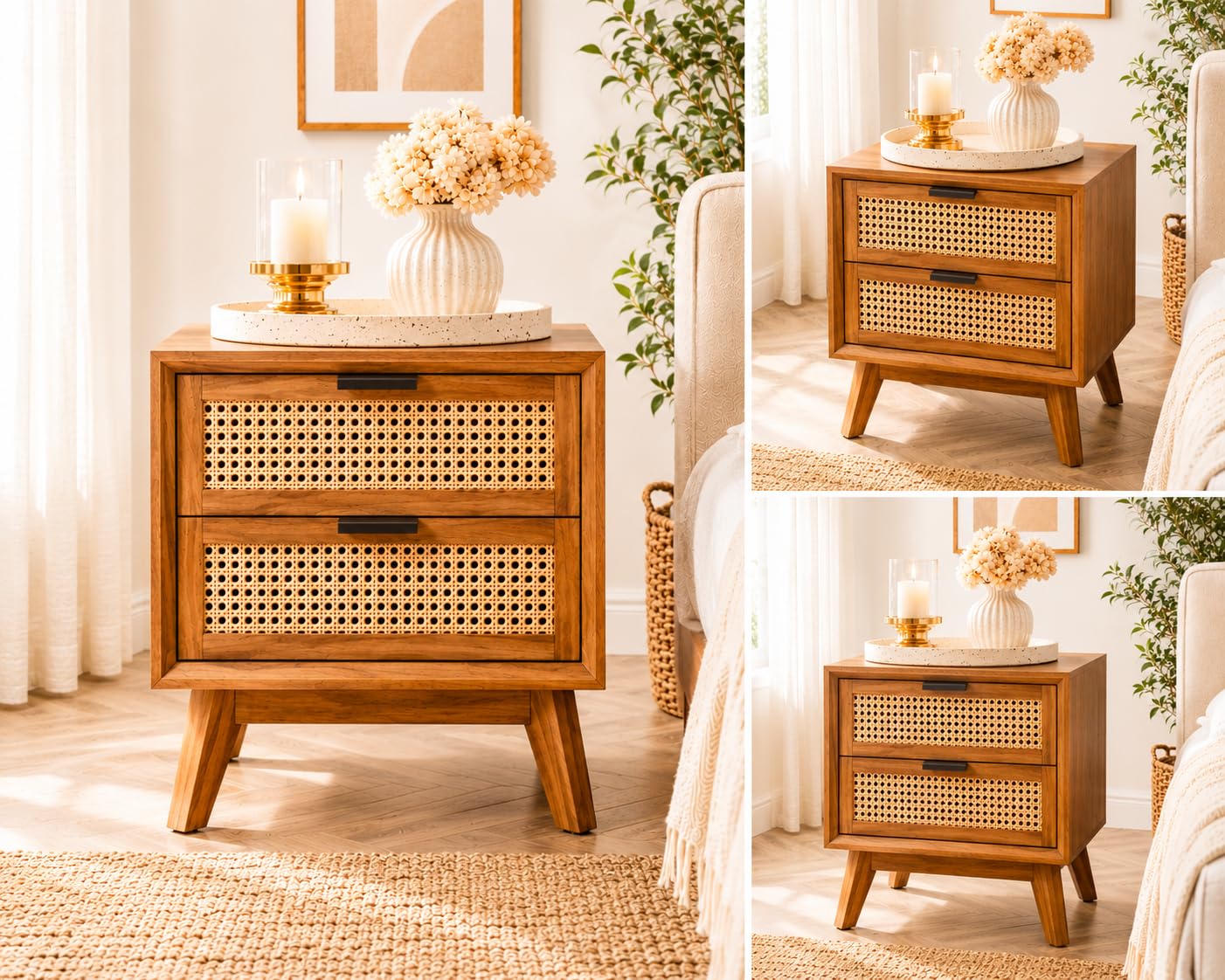Modern Rattan Bedside Table with 2 Drawers