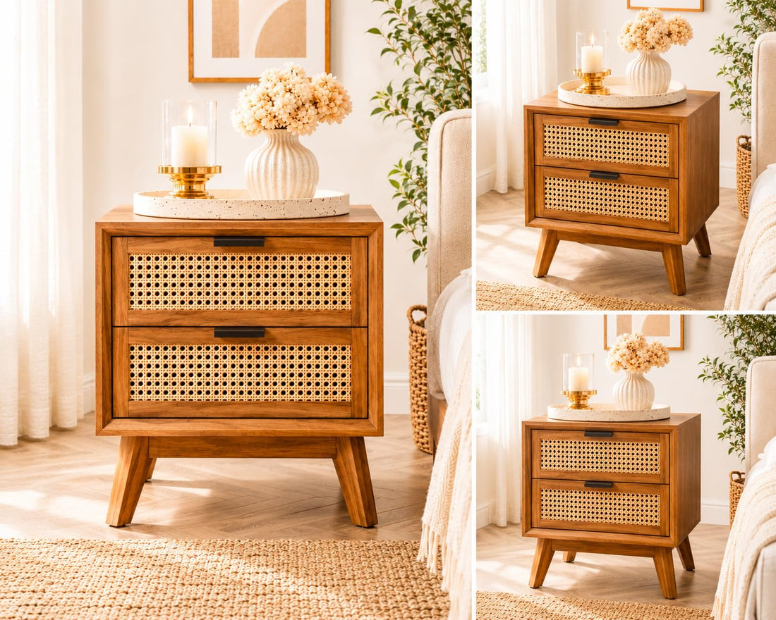 Modern Rattan Bedside Table with 2 Drawers