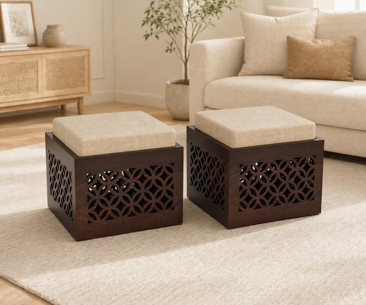 Dark Walnut Sheesham Wood Carved Storage Ottoman Stool Set of 2 with Cushioned Seat for Living Room and Bedroom