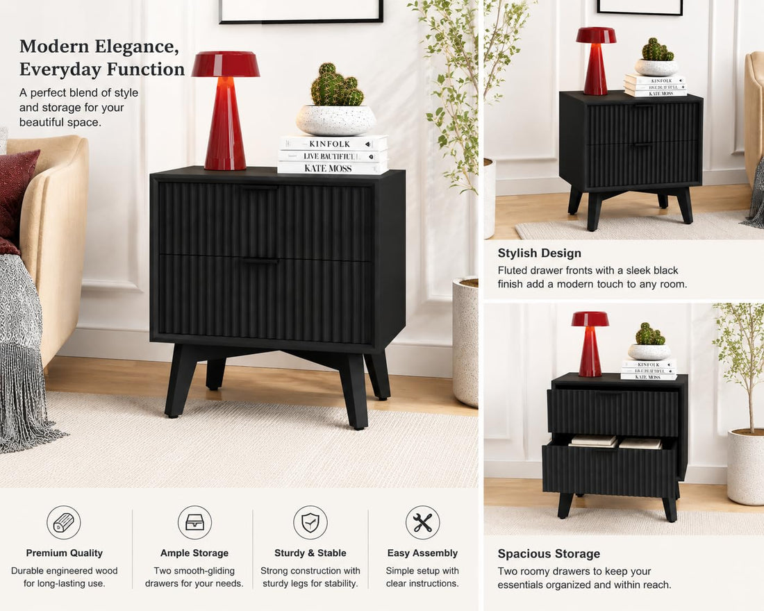 Modern Black Fluted Bedside Table with 2 Drawers