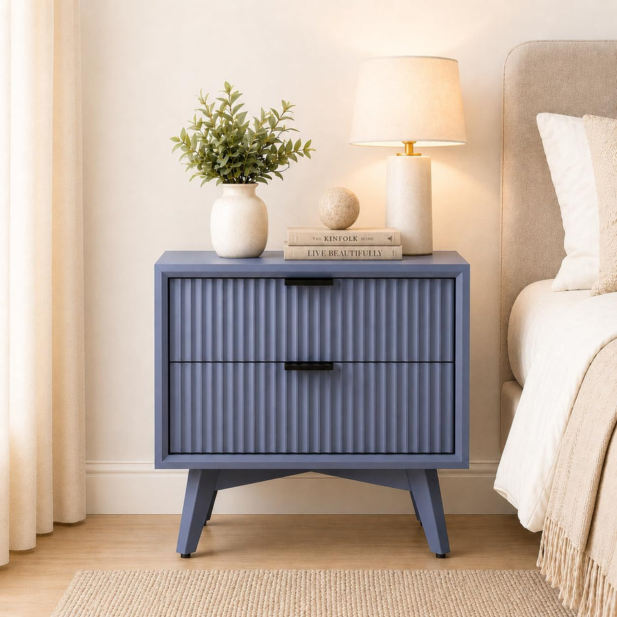 Modern Blue Fluted Bedside Table with 2 Drawers
