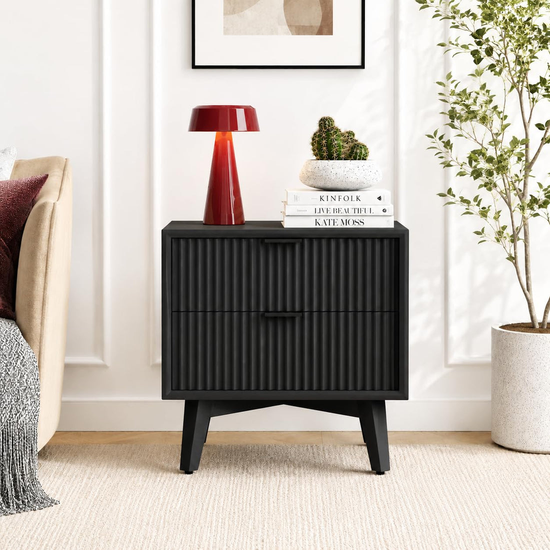 Modern Black Fluted Bedside Table with 2 Drawers