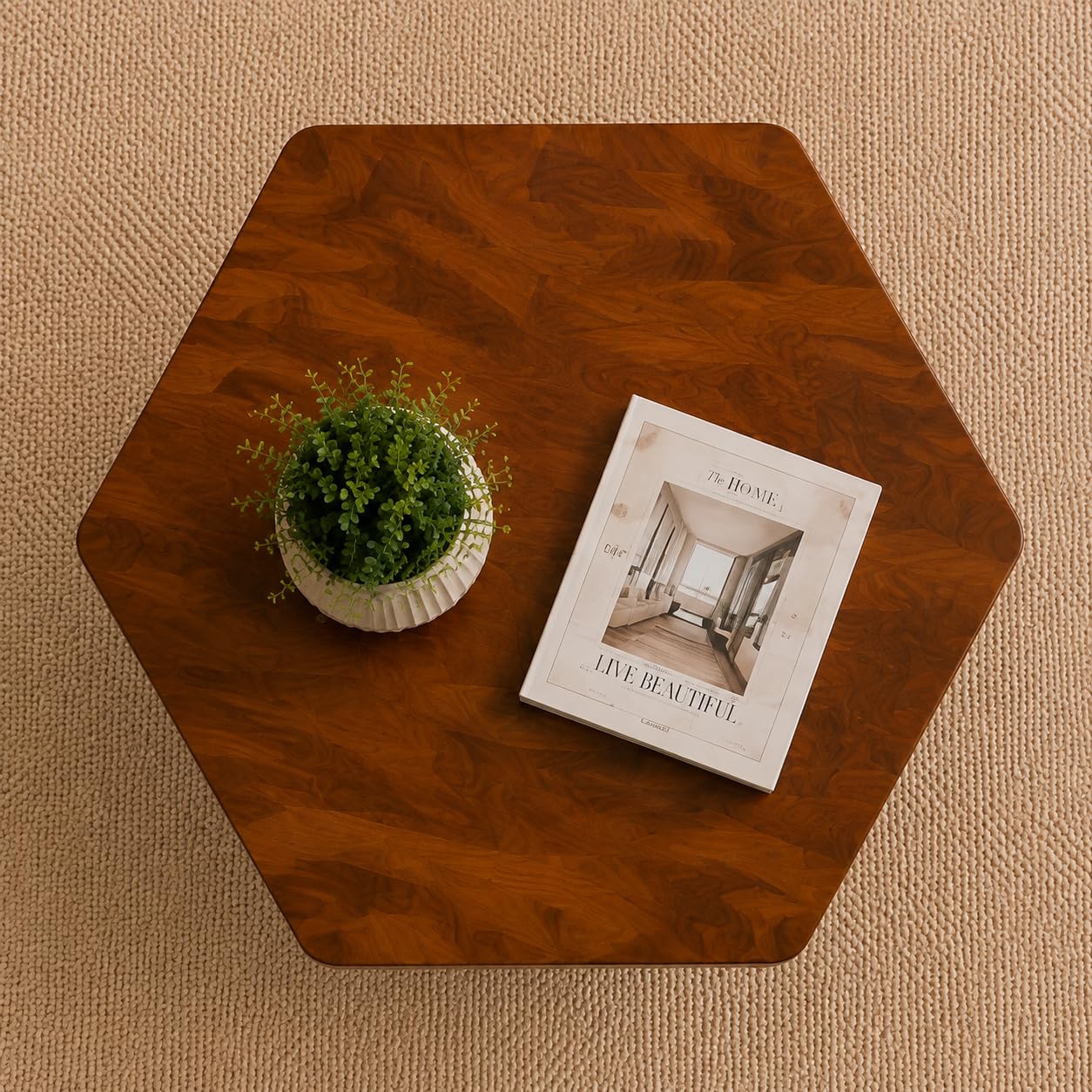 Solid Sheesham Wood Octagon Coffee Table – Modern Wooden Centre Table with Sculptural Pedestal Base