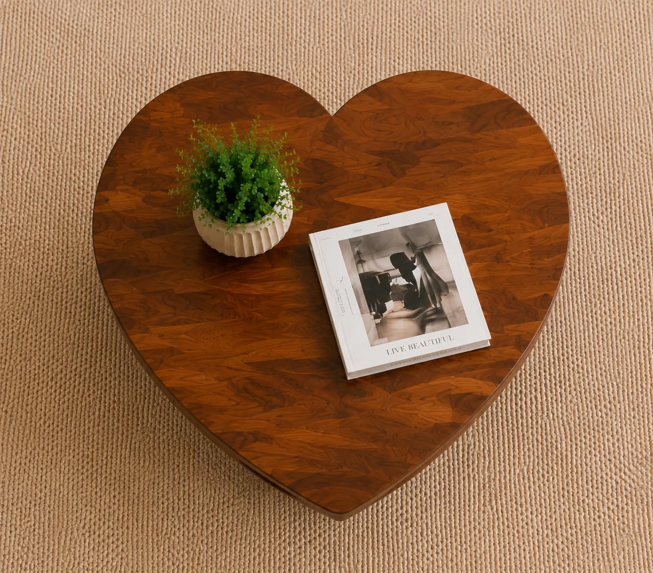 Solid Sheesham Wood Heart Shape Coffee Table with Round Pedestal Base for Living Room