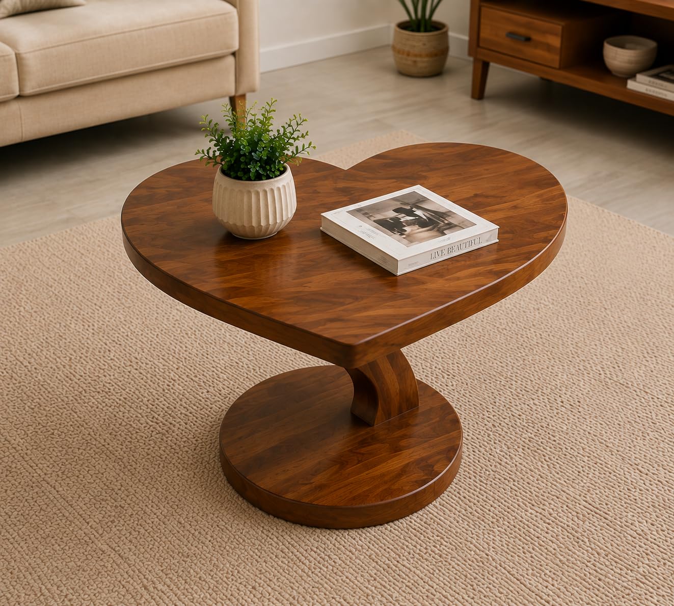 Solid Sheesham Wood Heart Shape Coffee Table with Round Pedestal Base for Living Room