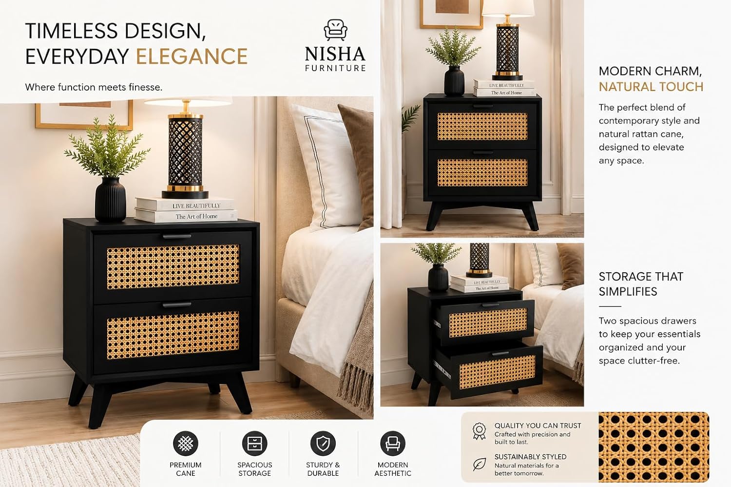 Nisha Furniture 2 Drawer Cane Bedside Table