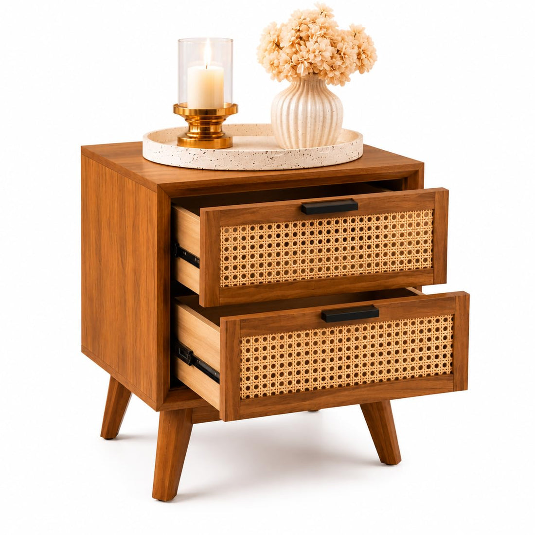 Modern Rattan Bedside Table with 2 Drawers