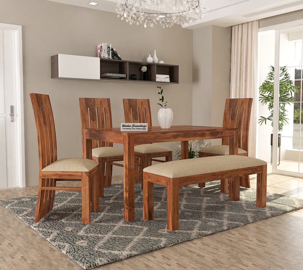 Solid Sheesham Wood 6 Seater Dining Table Set with Upholstered Bench