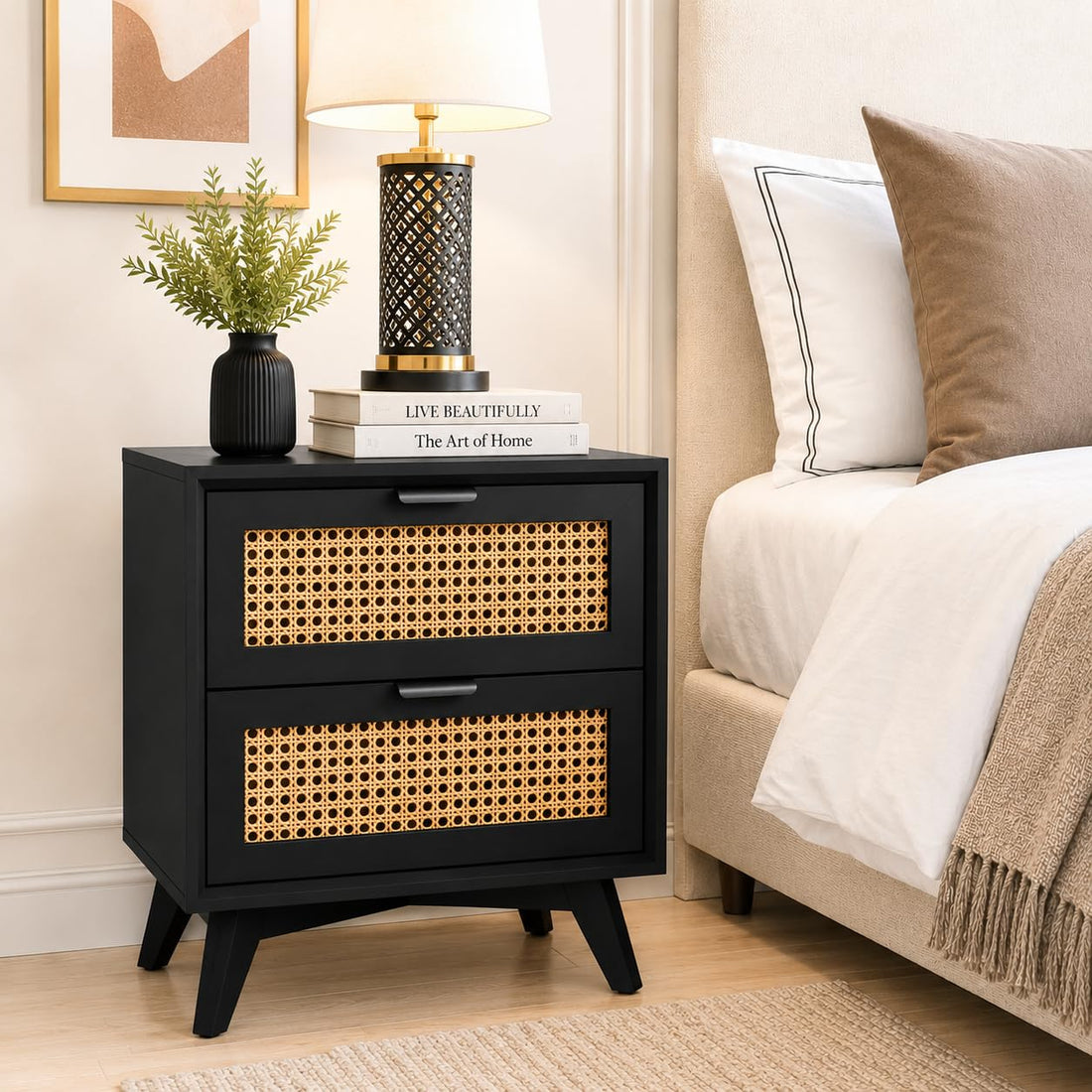 Nisha Furniture 2 Drawer Cane Bedside Table