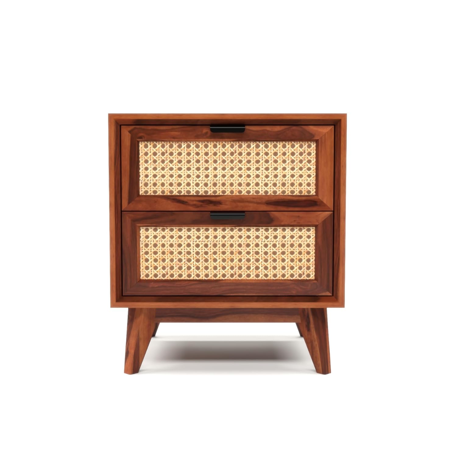 Solid Sheesham Wood Cane Bedside Table | Modern Wooden Nightstand with Storage