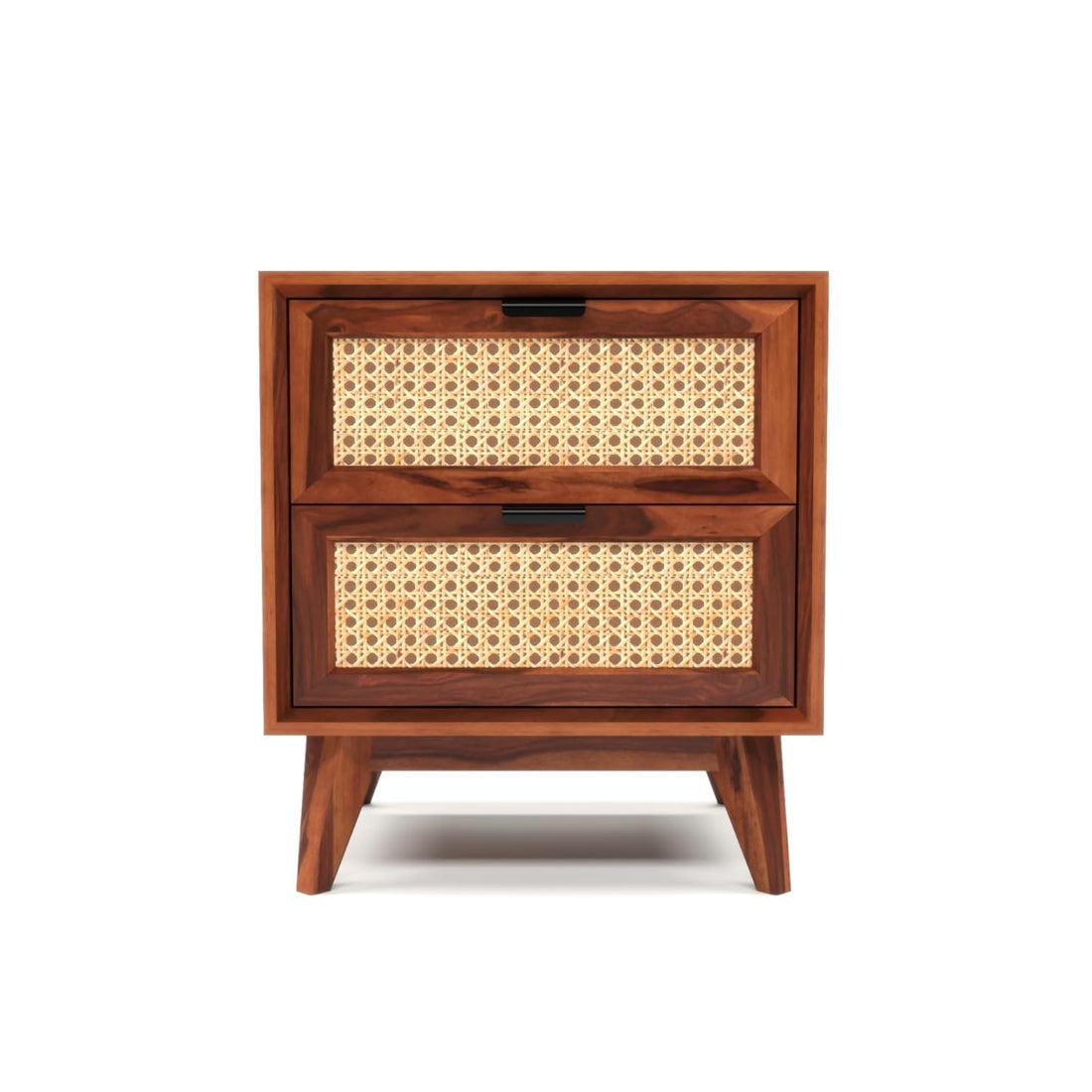 Solid Sheesham Wood Cane Bedside Table | Modern Wooden Nightstand with Storage