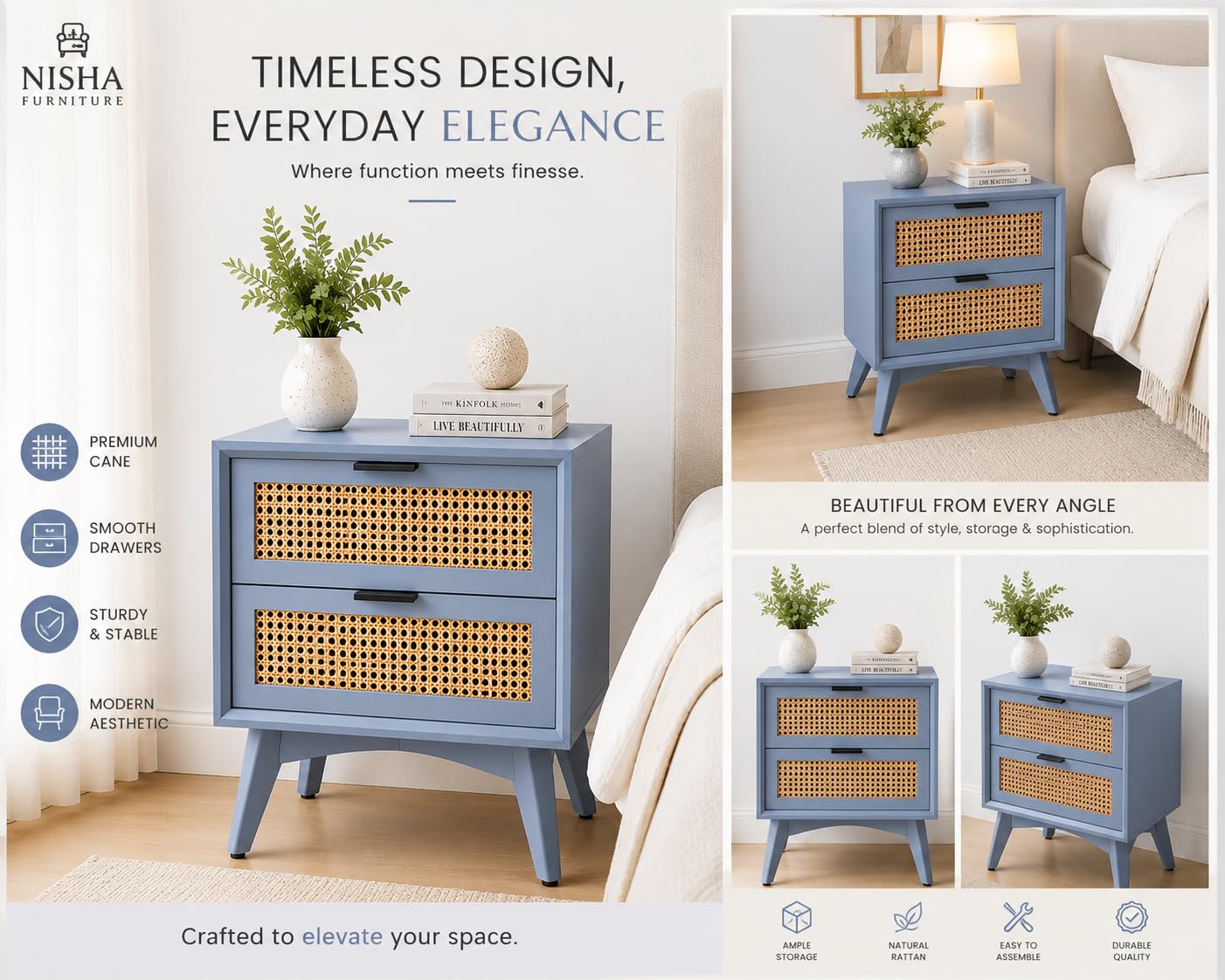 Modern Rattan Bedside Table with 2 Drawers