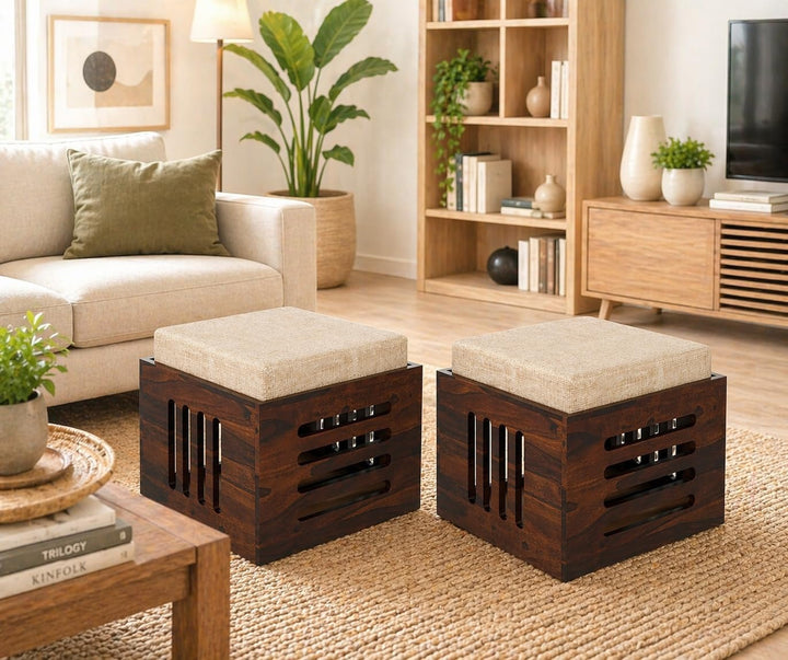 Dark Sheesham Wood Storage Ottoman Stool Set of 2 with Cushioned Seat for Living Room and Bedroom