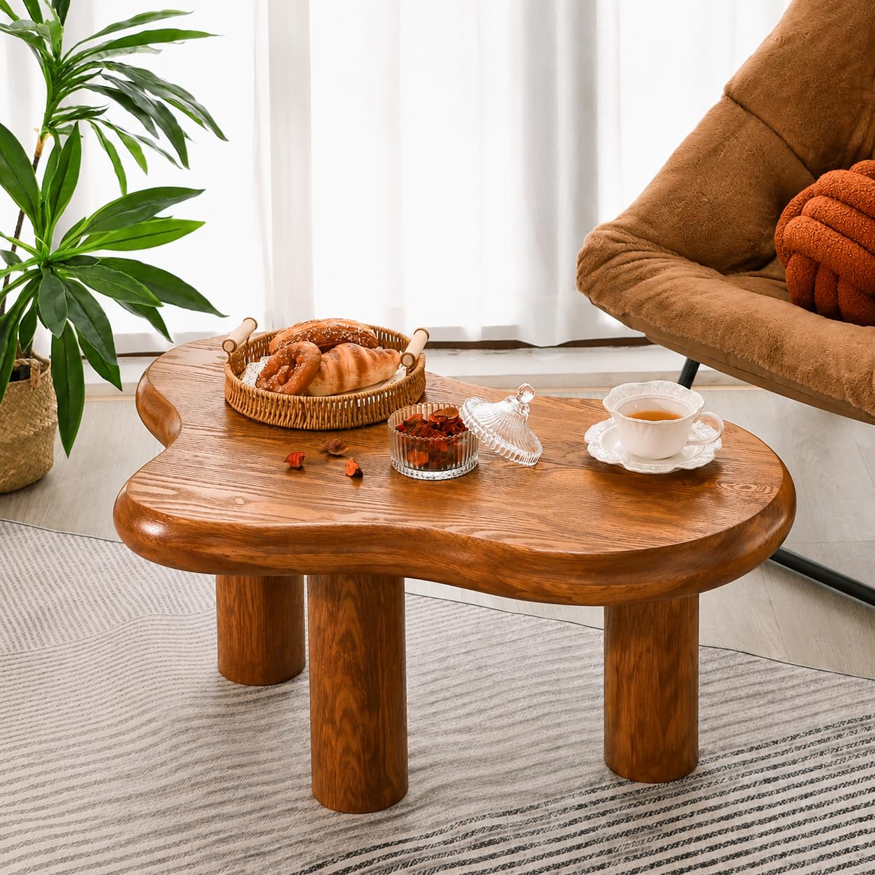 Solid Sheesham Wood Organic Shape Coffee Table – Modern Wooden Centre Table with Cylindrical Legs
