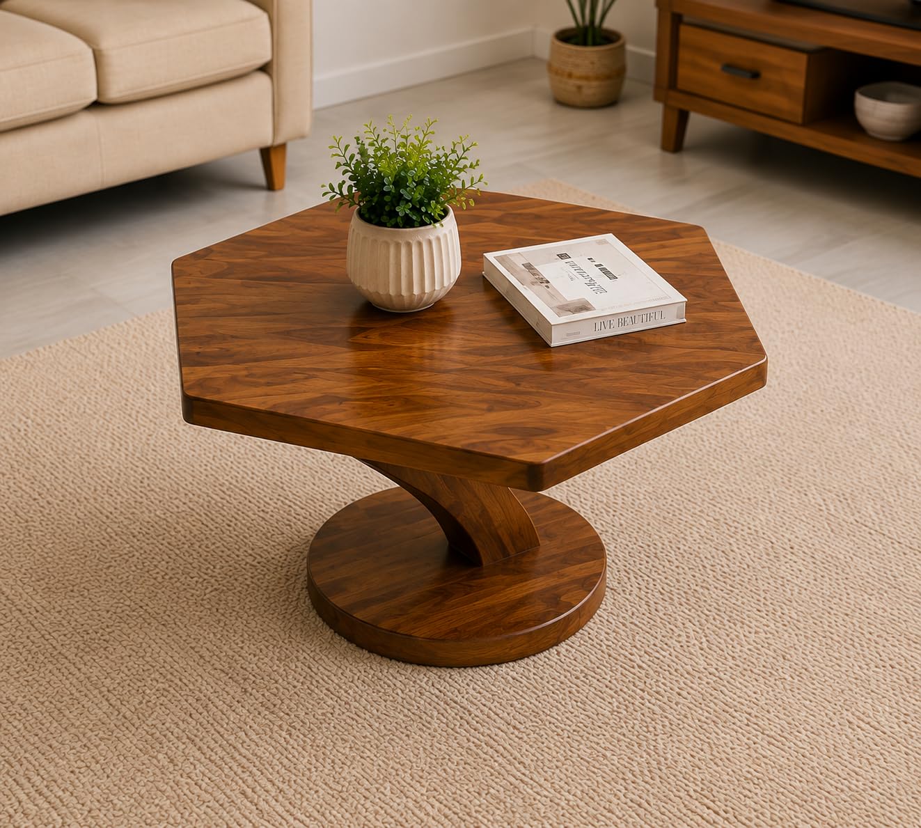 Solid Sheesham Wood Octagon Coffee Table – Modern Wooden Centre Table with Sculptural Pedestal Base