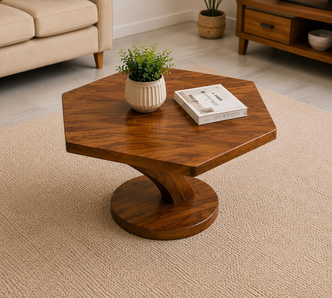 Solid Sheesham Wood Octagon Coffee Table – Modern Wooden Centre Table with Sculptural Pedestal Base