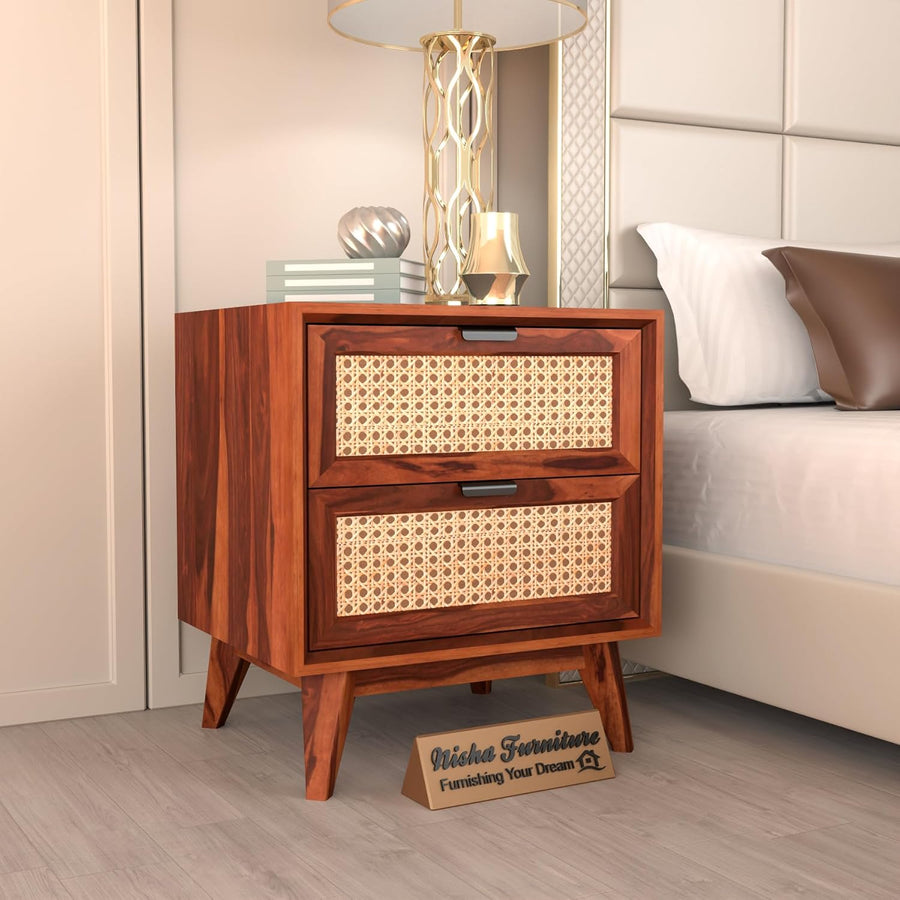 Solid Sheesham Wood Cane Bedside Table | Modern Wooden Nightstand with Storage