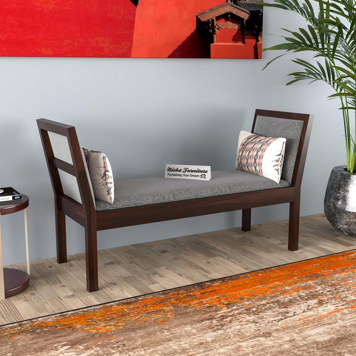 Solid Sheesham Wood Upholstered Bench | Modern Bedroom & Entryway Bench | Walnut