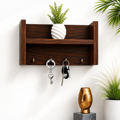 Dark Walnut Wooden Wall Mounted Key Holder Shelf with Decorative Storage Rack