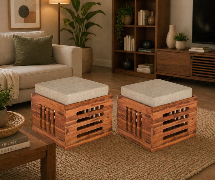 Sheesham Wood Storage Ottoman Stool Set of 2 with Cushioned Seat for Living Room and Bedroom