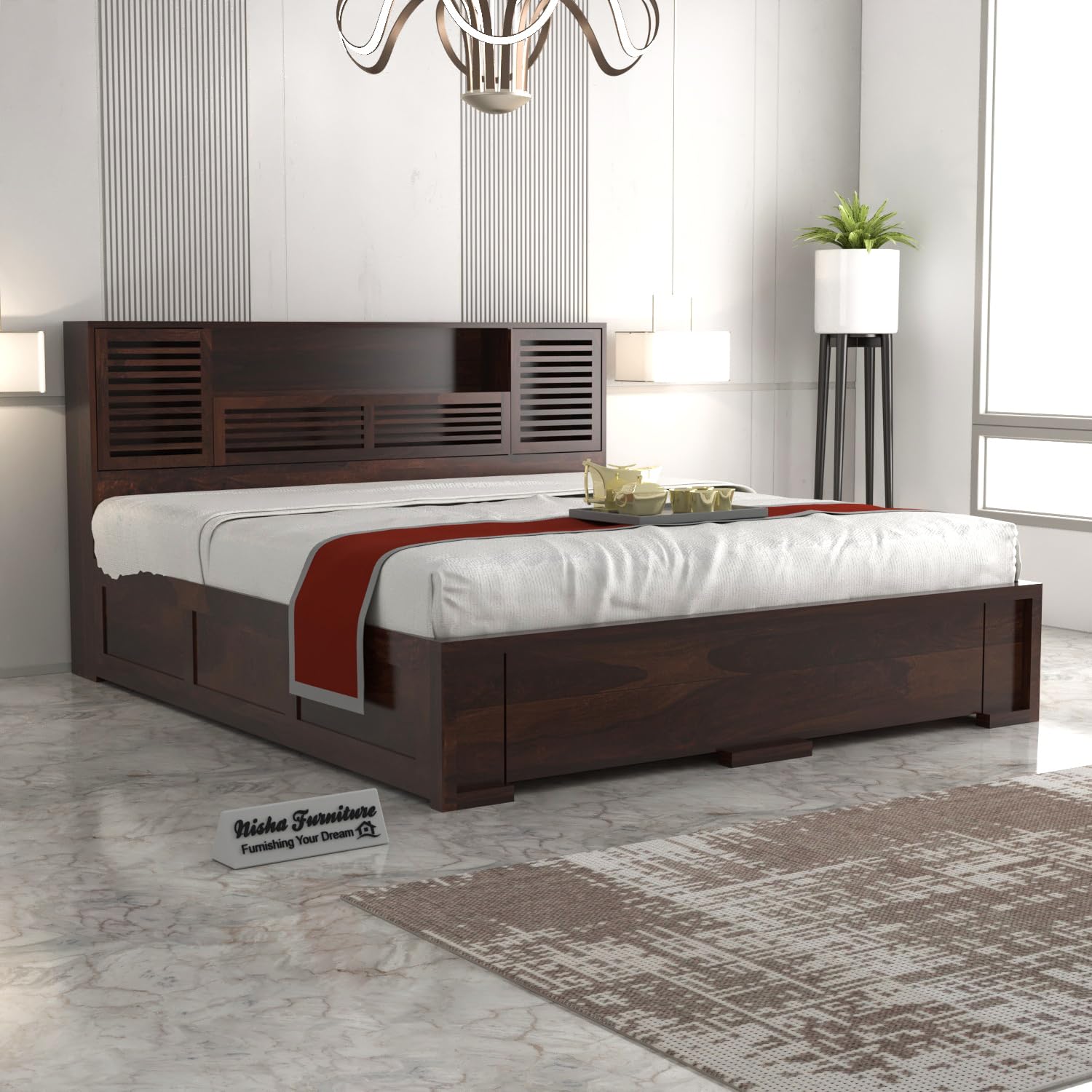 Nisha Furniture Solid Sheesham Wood Platform Bed with Storage