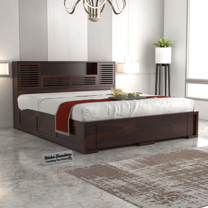 Solid Sheesham Wood Platform Bed with Storage & Walnut Finish