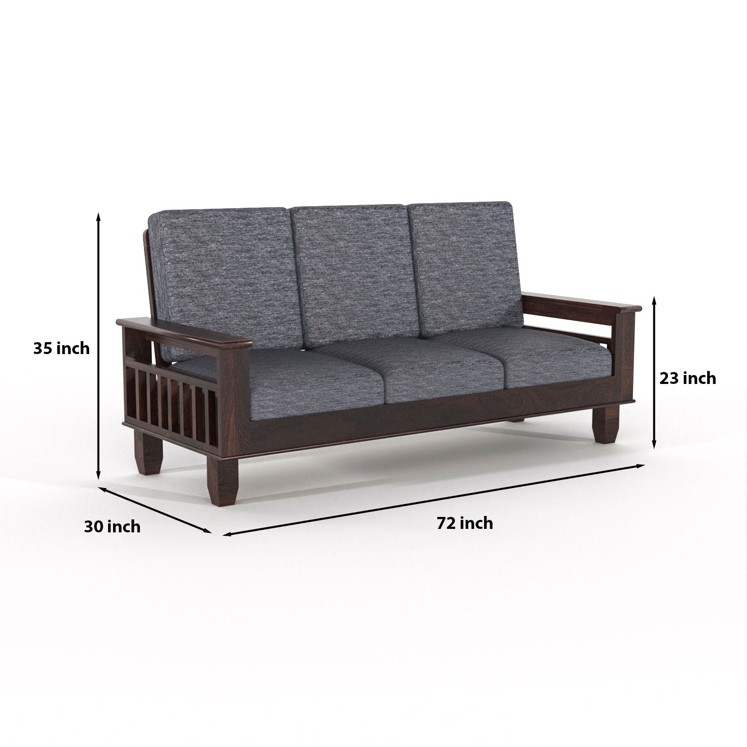 Solid Sheesham Wood 3 Seater Sofa with Grey Upholstery, Wooden Armrests and Side Storage Shelves
