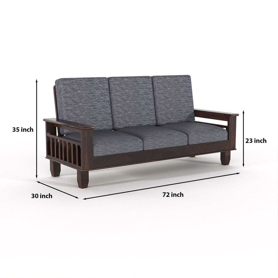 Solid Sheesham Wood 3 Seater Sofa with Grey Upholstery, Wooden Armrests and Side Storage Shelves