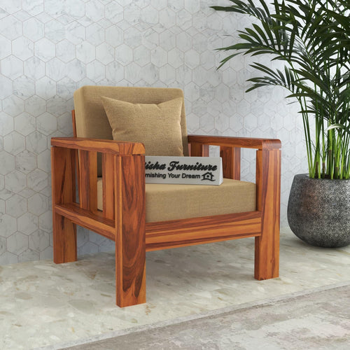Solid Sheesham Wood 1 Seater Sofa Chair | Natural Armchair for Living Room