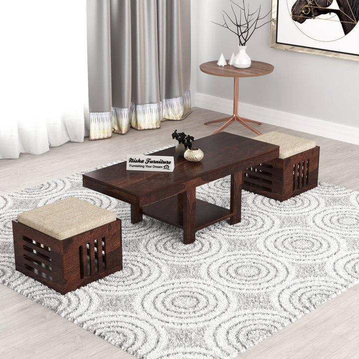 Nisha Furniture Wooden Coffee Table with 2 Cushioned Stools | Modern Center Table for Living Room