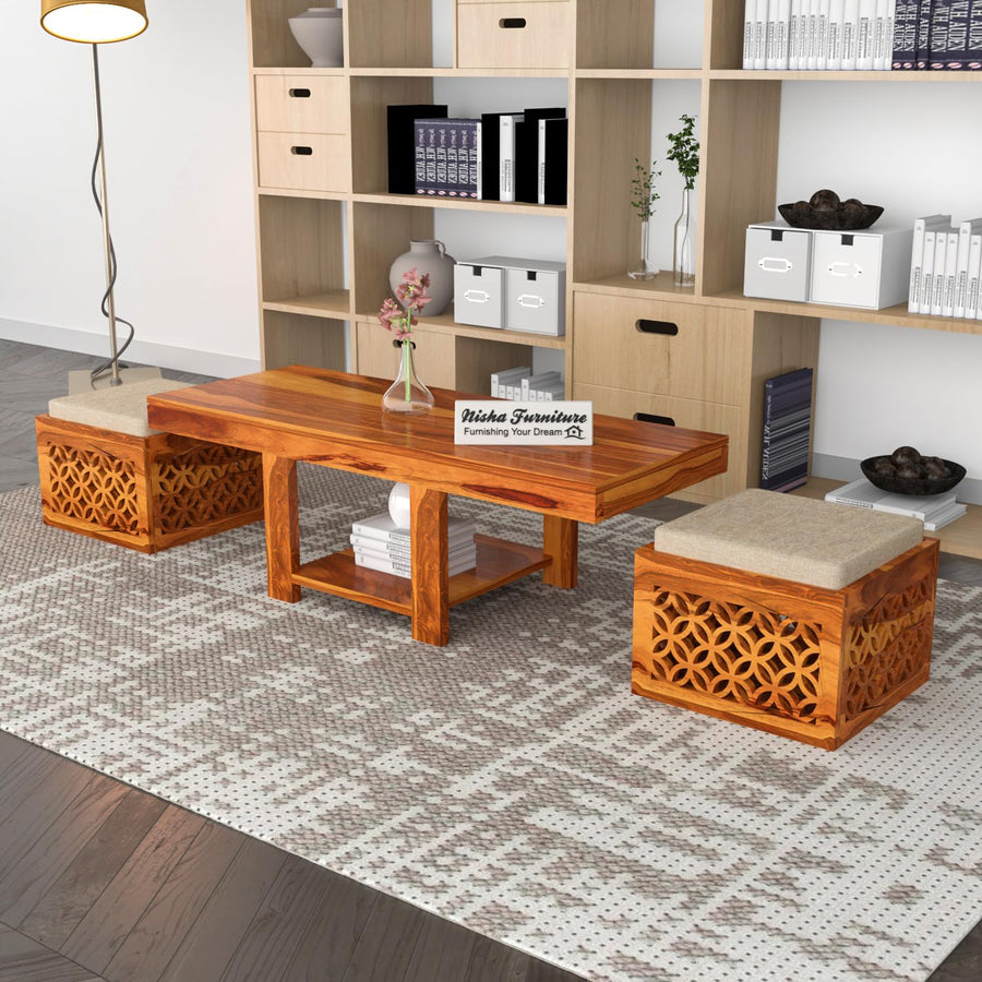 Sheesham Wood Coffee Table with 2 Cushioned Stools for Modern Living Room