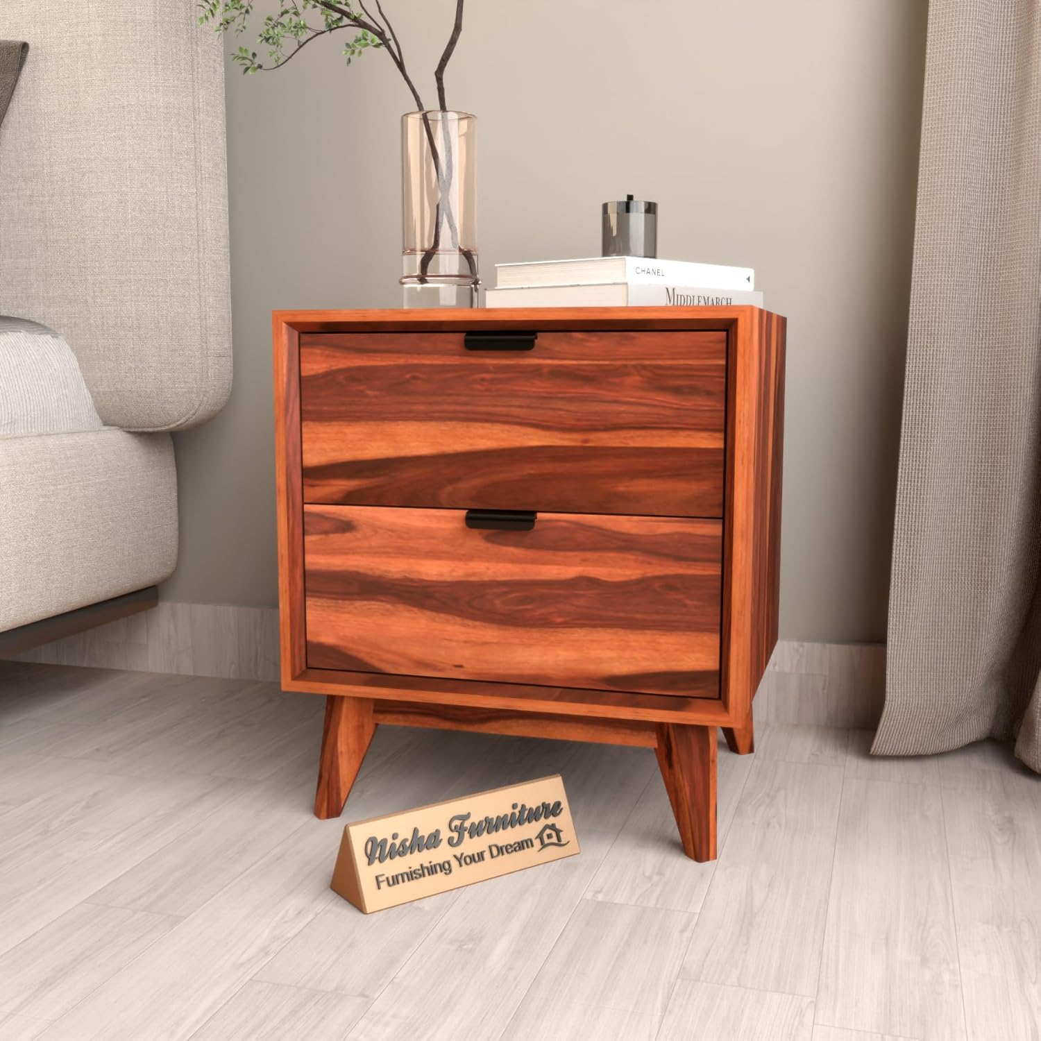 Modren Solid Sheesham Wood Bedside Table | Modern Wooden Nightstand with 2 Drawers