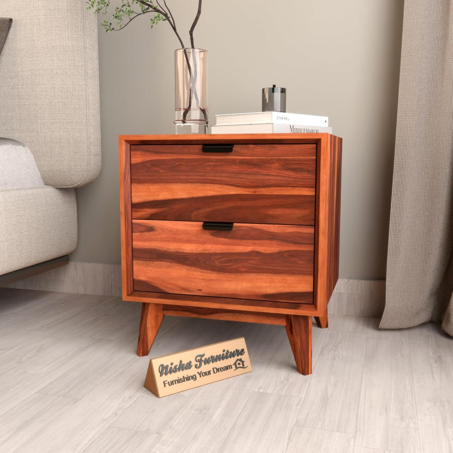 Modren Solid Sheesham Wood Bedside Table | Modern Wooden Nightstand with 2 Drawers